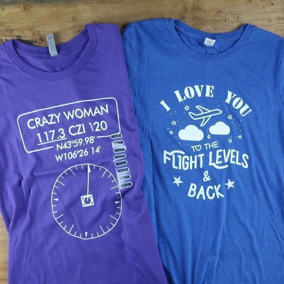 AVAITION/AIRPLANE WIFE T SHIRTS BUNDLE SIZE MEDIUM BLUE & PURPLE - Picture 1 of 6